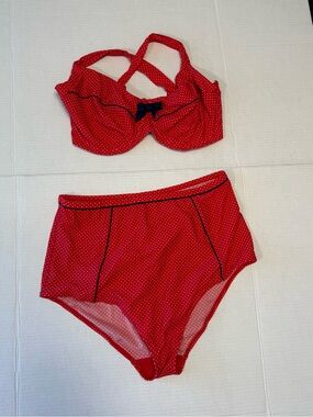 Panache Red Polka Dot Underwire 36G Bikini Set, XXL High Waist Bottom Retro